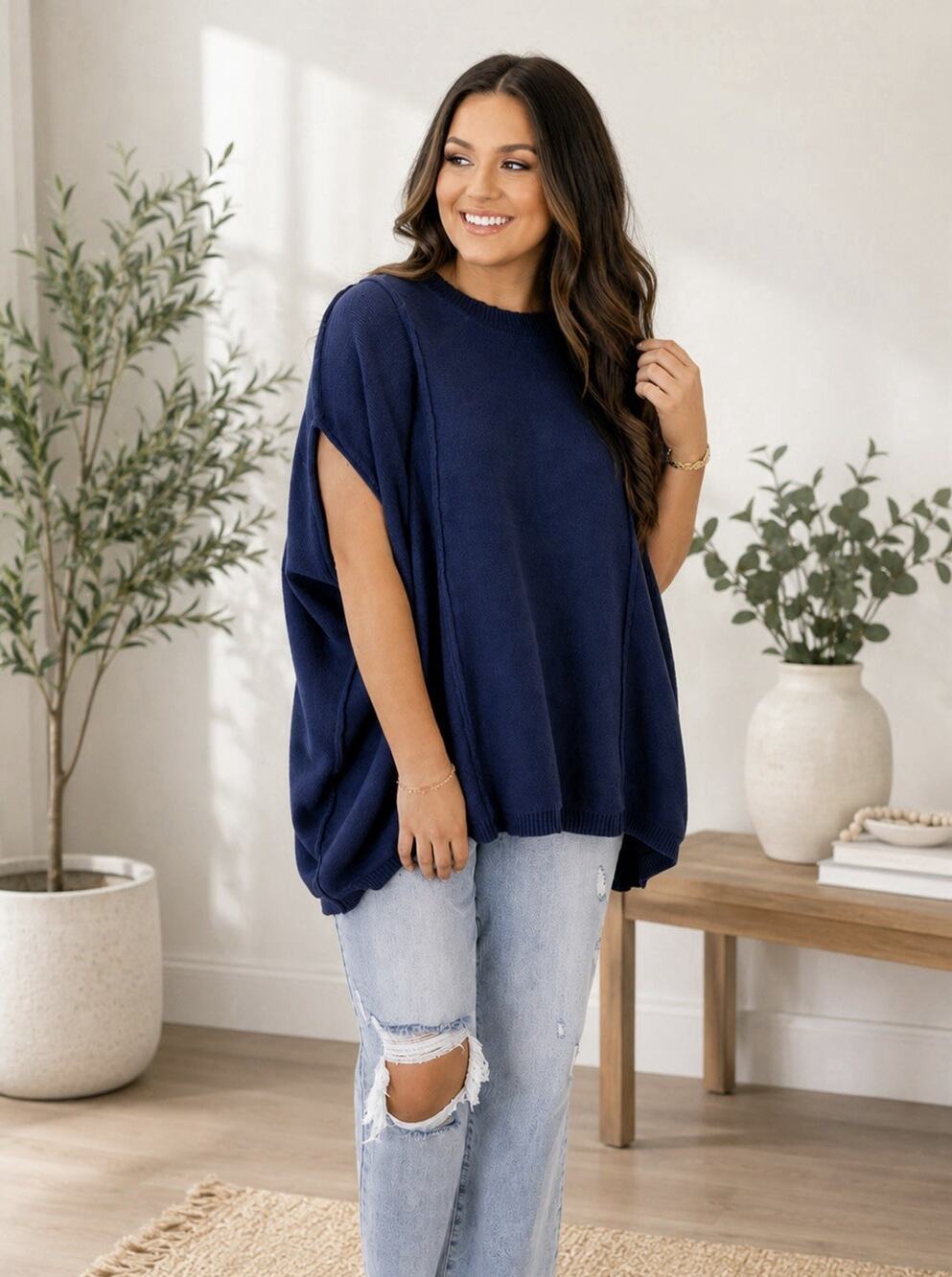 Chicsoul Oversized On My Way Over Sweater, Blue, 1X